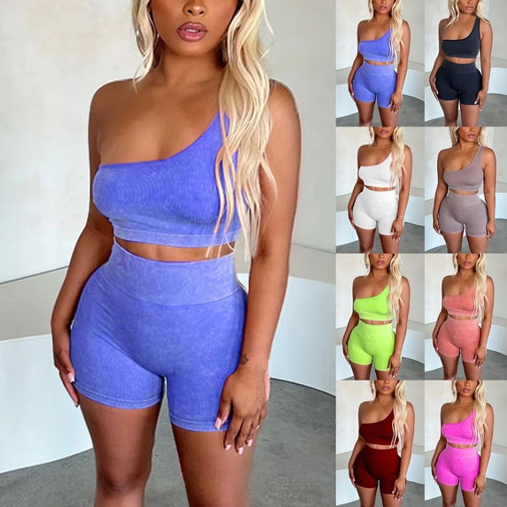 QSXADF Women's 2 PC Workout Set Sports Tank + Yoga Shorts Solid Sleeveless Yoga Athletic Slim Vests Shorts Sports Wear Women's Clothing Set Ladies Lounges Set