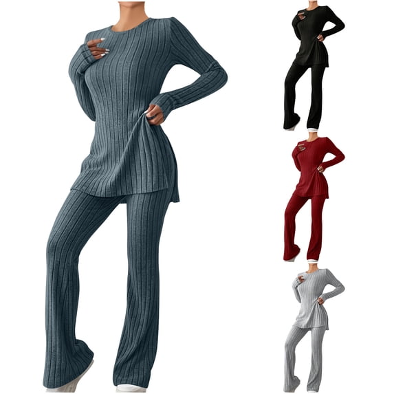 QSXADF Women's 2 Piece Fall Knit Sweatsuits Outfits Solid Slim Long Sleeve Top Long Pants Casual Bodycon Set Women Fall Winter Outfits