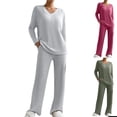thumbnail image 1 of QSXADF Women's 2 Piece Fall Knit Sweatsuits Outfits V Neck Top And Straight Leg Pants Set Long Sleeve Loose Solid Women Fall Winter Outfits, 1 of 6