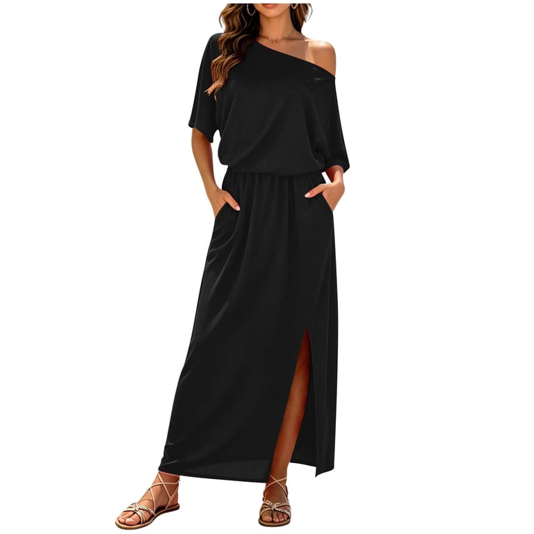 one size beach dresses QSXADF Women's SHoulder Maxi Dress Solid Color Crossing Designs Off Shoulder Dress Elastic Waist Flowy Slit Detail Pocket Designs Daily Wear Summer Outing Summer Dress For Women Girls Dresses Size 7 rhinestone mesh dress Color:As Picture Brown A Perfect Gift Choice