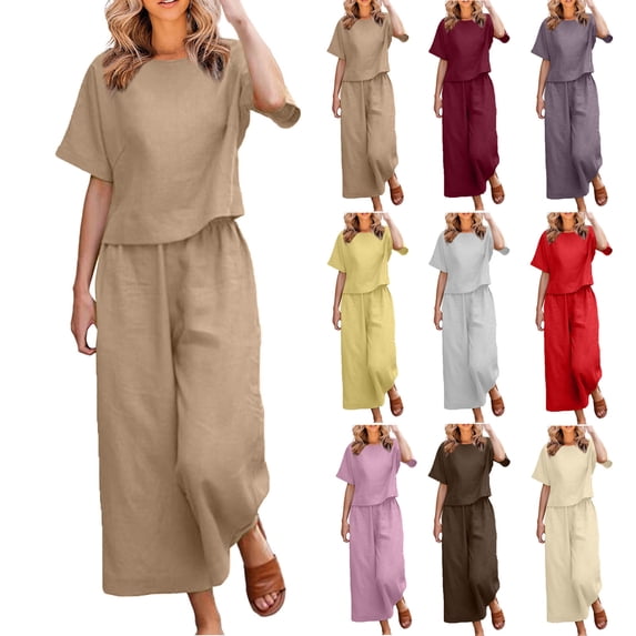 QSXADF Women's Casual 2 Piece Cotton Linen Set Outfits Summer Linen Solid Set Short Sleeve Top Long Pants Casual Daily Women's Clothing Set Ladies Lounges Set