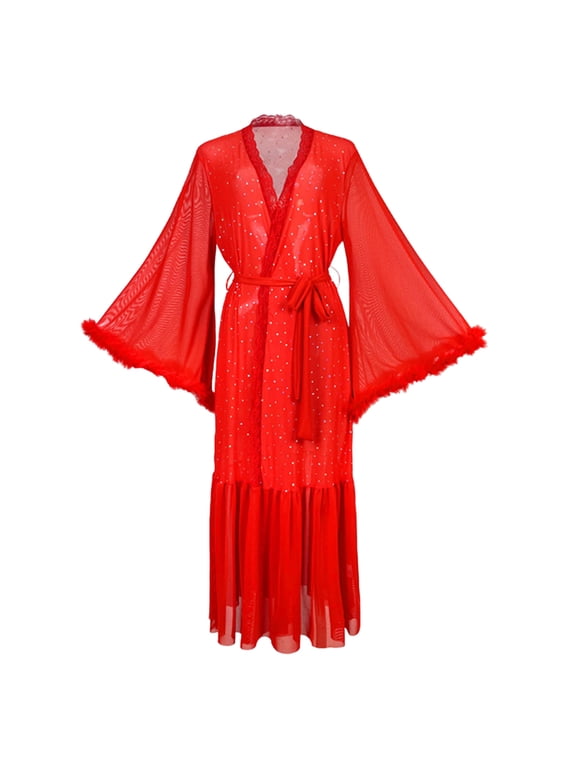 Women's Mesh Robe Sequin Nightgowns Sparkling Sequined Mesh Stitching Loose Long Sleeve Plushed Extra Long Glam Bath Robe Home Ladies Sleepwear