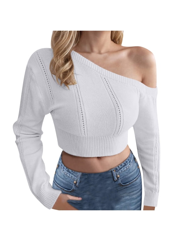Women's Off the Shoulder Sweater Cropped Smocked Waist Defined Knit Pullover Tops