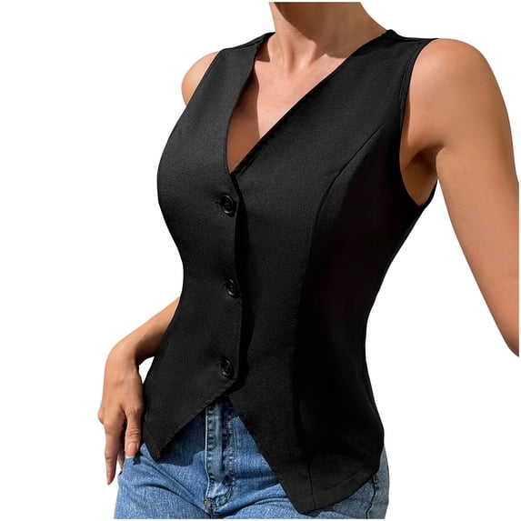 QSXADF Women's Sleeveless Blazer Vests Button Closure V Neck Hoodless Solid Fall Casual Ladies Outdoor Jacket
