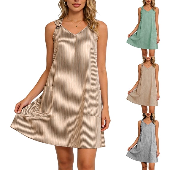 QSXADF Women's Summer Tank Sundress Mini Dress Fashion Casual Striped Graphic V-Neck Sleeveless Casual Regular Length Women's Dresses Vacation Dress