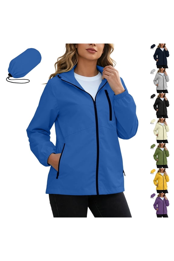 Women's Waterproof Jacket Hoodie Raincoat Solid Waterproof Zip Up Hooded Jacket Long Sleeve with Pouch Casual Women's Coats