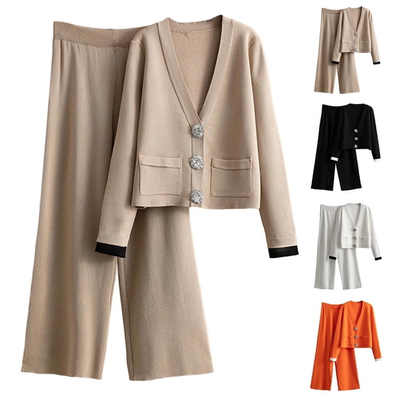 QSXADF Womens 2 Piece Fall Winter Knit Sweatsuits Outfits Solid Knit V Neck Button Long Sleeve Sweater Pockets Straight Leg Pants Set Women Fall Winter Outfits