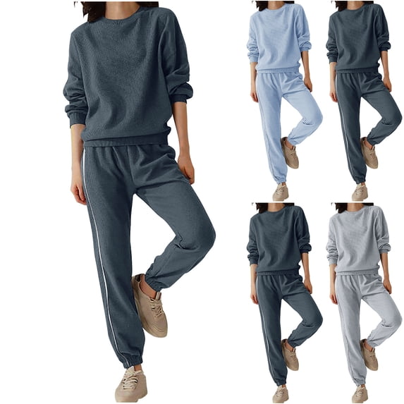 QSXADF Womens Fall Waffles Sweatsuit Set Solid Crew Neck Sweatshirt Jogger Pants Casual Athletic Early Fall Set Women Fall Winter Outfits