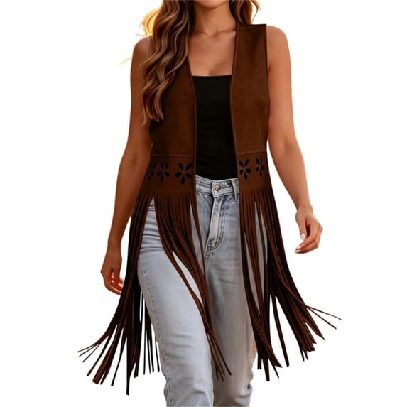 QSXADF Womens Fringe Vests Hiphop Sleeveless Tops Solid Western Styles Open Front Jacket Casual Boho Women Outdoor Jacket