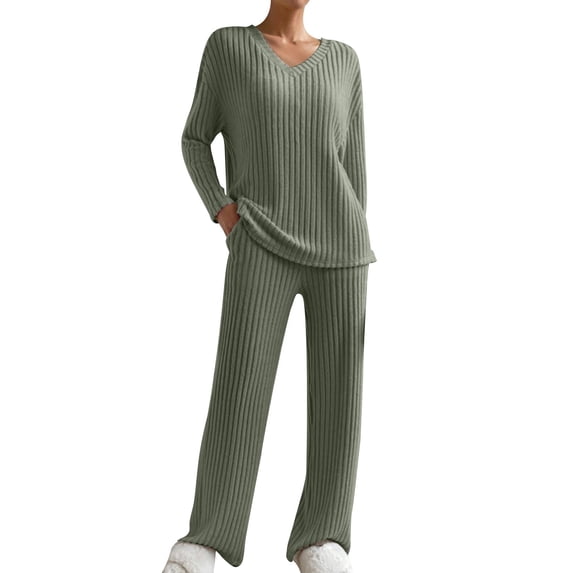 QSXADF Womens Pajama Set Fall Winter V Neck Long Sleeve Knit Top + Pants Sleepwear