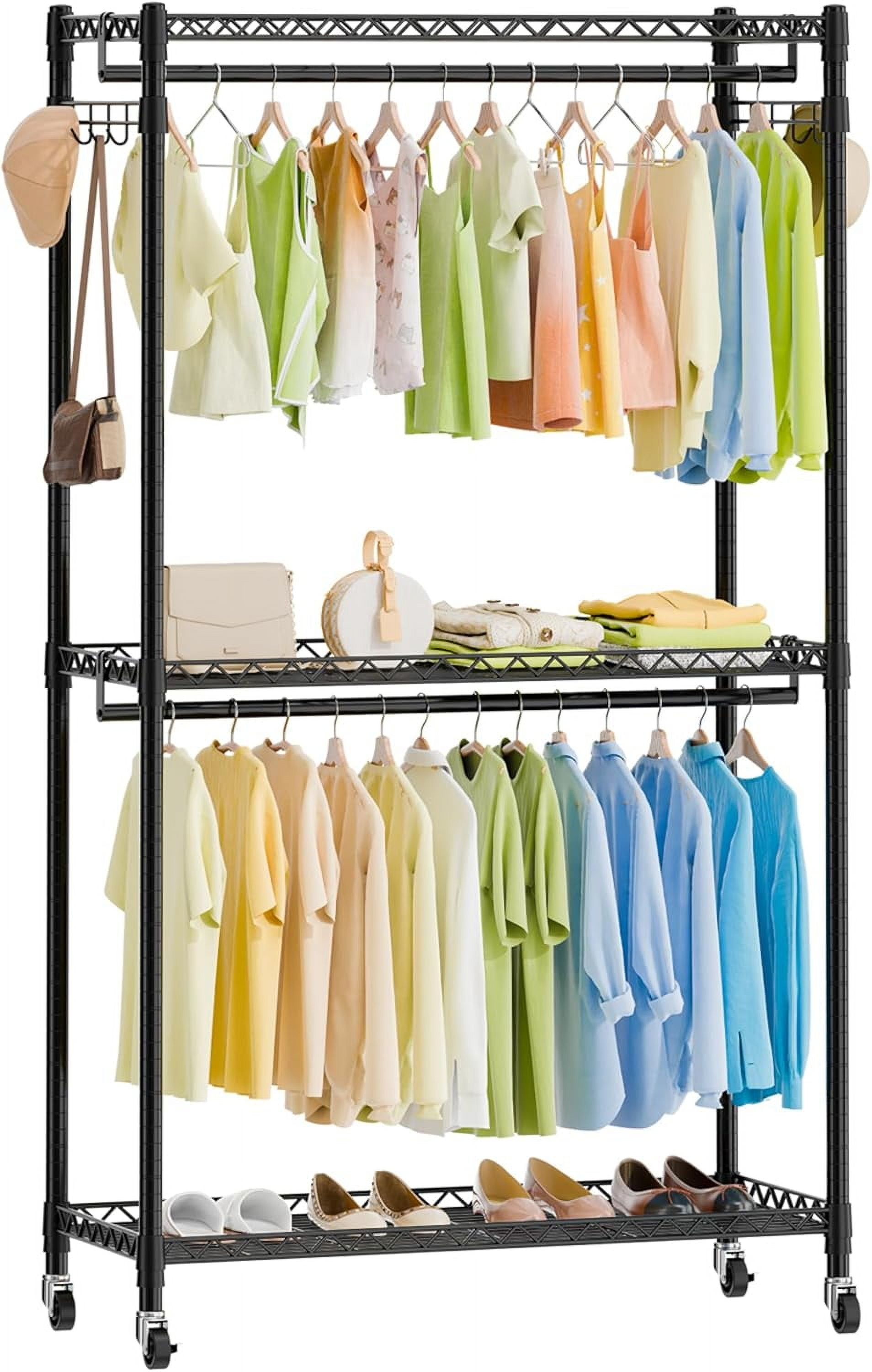 QSZS Heavy Duty Metal Clothes Rack with Lockable Wheels, 3-Tier ...