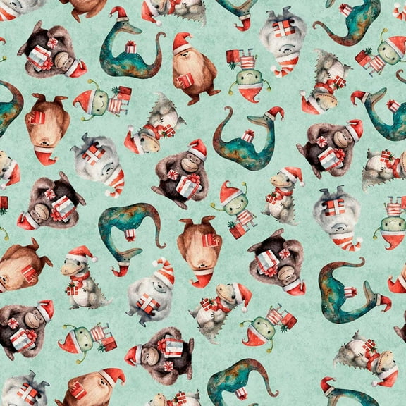 QT Fabrics Christmas Monsters on Seafoam Green 100% Cotton Price per Yard