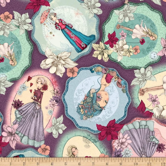 QT Fabrics Mirabelle Midnight Garden Tossed Picture Patches Dark Wisteria Cotton fabric by the Yard