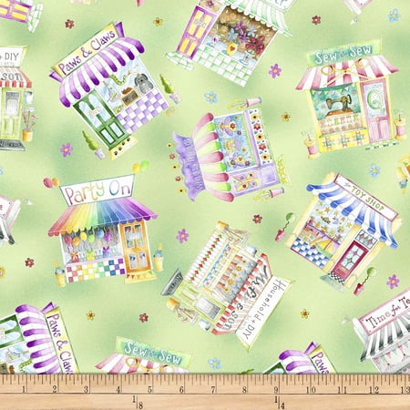 QT Fabrics Shop Hop Tossed Storefronts Spring Green Cotton fabric by the Yard