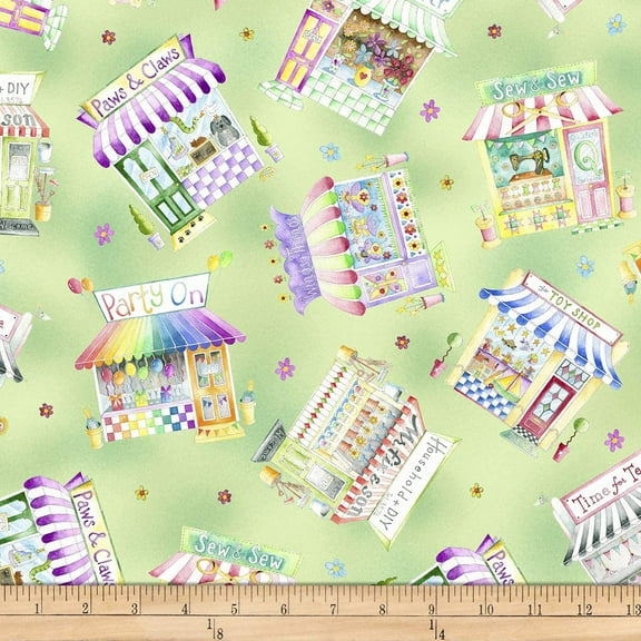 QT Fabrics Shop Hop Tossed Storefronts Spring Green Cotton fabric by the Yard