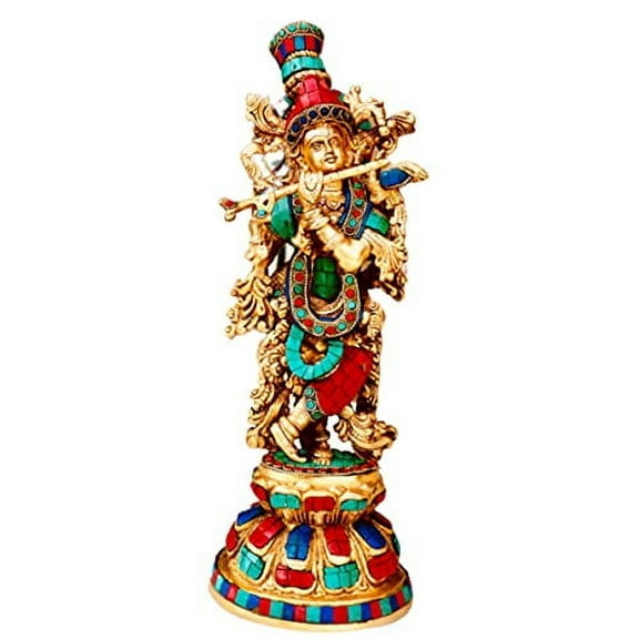 QT S Krishna Statue Brass Stone Finish Handmade Krishna Statues 15 Inch Brass Kishan Krishna Murti Idol Statue Sculpture Krishna God Known as Compassion Tenderness Love Handmade in Nepal