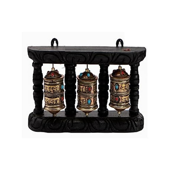 QT S Spinning Tibetan Prayer Wheel Wall Hanging Design - Buddhism "Om Mane Padme Hum" Mantra Spinning Prayer Wheel, Handmade in Nepal with Brass, Copper & Wood Stand