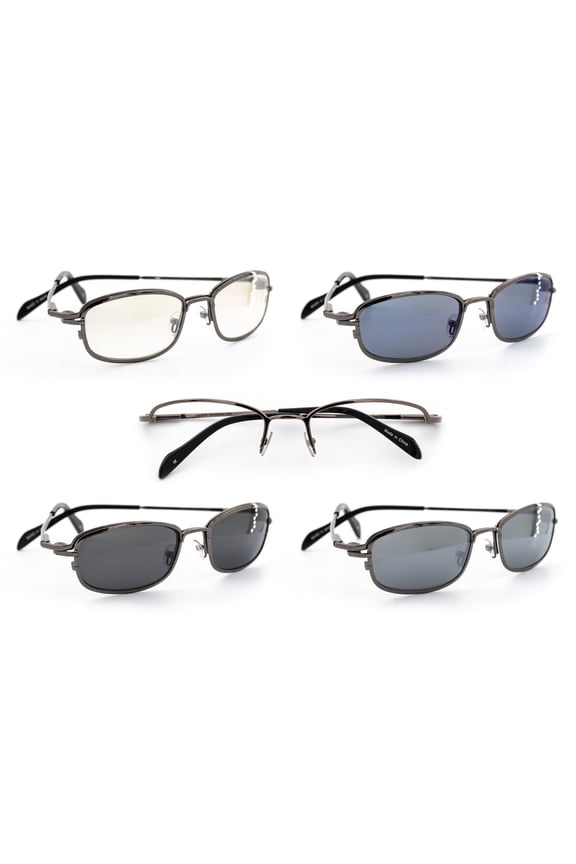 Oval - Kit Pack - 1 Frame w/ 4 Fashionable Magnetic Clip-On Sunglass Lenses - Outdoor Activity Men and Women - Gunmetal
