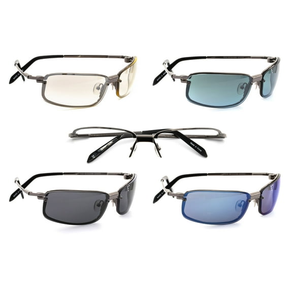 QT-SUN Spex Wrap-Around Rectangle - Kit Pack - 1 Frame w/ 4 Fashionable Magnetic Clip-On Sunglass Lenses - Outdoor Activity Men and Women - Gunmetal/Black