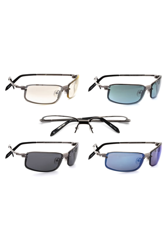 Wrap-Around Rectangle - Kit Pack - 1 Frame w/ 4 Fashionable Magnetic Clip-On Sunglass Lenses - Outdoor Activity Men and Women - Gunmetal/Black