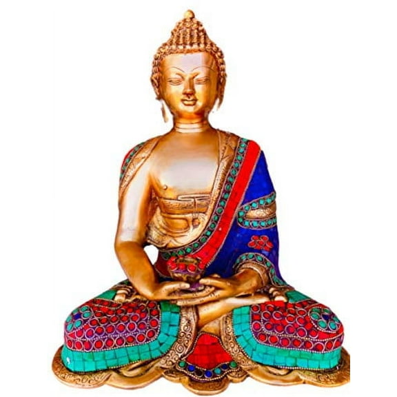 QT Shopping Buddha Brass Statue Stone Finish Meditation Antique 15 in Dhyana Mudra Buddha Idol for Peace, Meditation & Protection Sculpture Handmade in Nepal