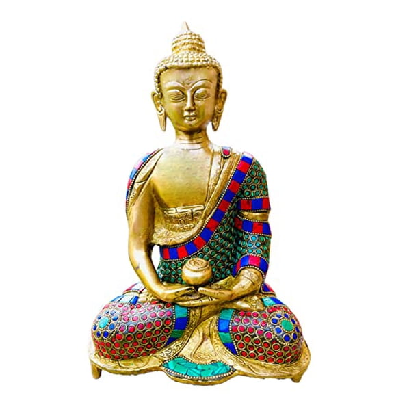 QT Shopping Buddha Brass Statue Stone Finish Meditation Darmachakra Figurine 12 in Idol for Peace Meditation & Protection - Handmade in Nepal