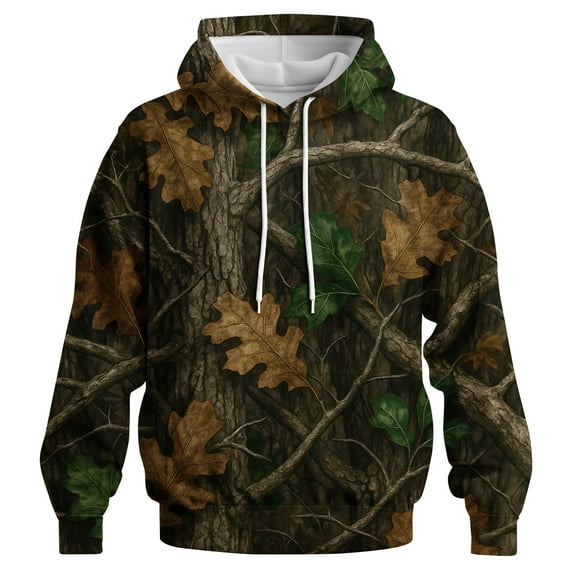 QTAGTESS Men's Tree Camo Hoodie Realistic Forest Oak Leaf Hunting Style Camouflage Sweatshirt