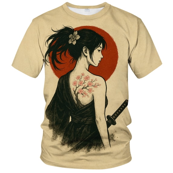 QTAGTESS Samurai Anime T-Shirt for Men Japanese Warrior Graphic Tee with Red Sun Japan Style Manga Art Shirt Asian Ink Art Short Sleeve Shirt