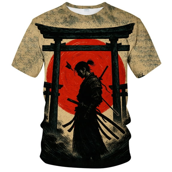 QTAGTESS Samurai Anime T-Shirt for Men Japanese Warrior Graphic Tee with Red Sun Japan Style Manga Art Shirt Asian Ink Art Short Sleeve Shirt