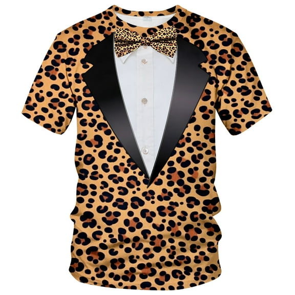 QTAGTESS Tuxedo T-Shirt Leopard Shirt Fake Suit with Bowtie Tee