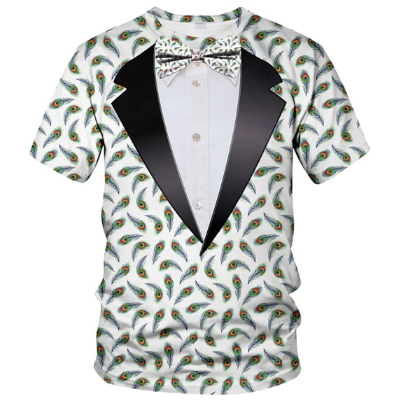 QTAGTESS Tuxedo T-Shirt Peacock Print Shirt Fake Suit with Bowtie Tee