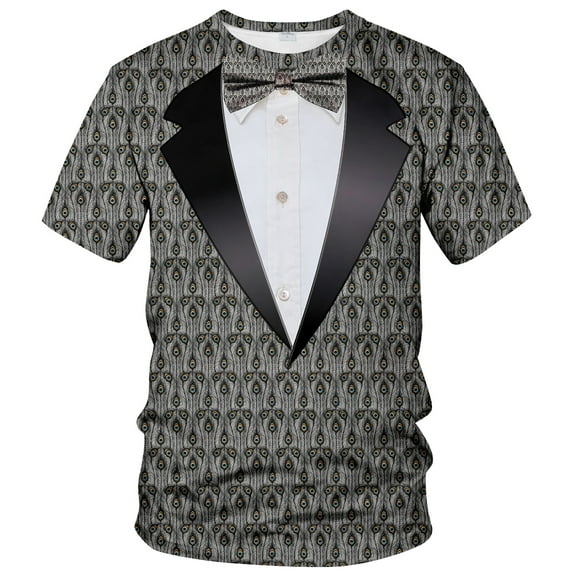 QTAGTESS Tuxedo T-Shirt Peacock Print Shirt Fake Suit with Bowtie Tee