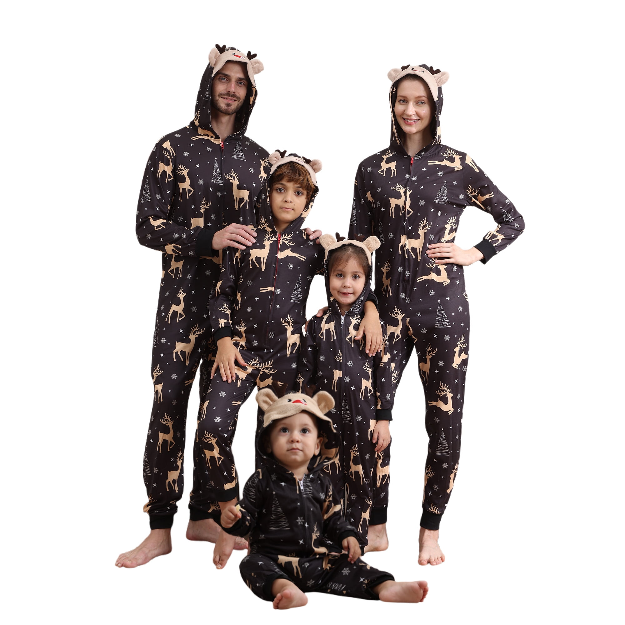 YEAXLUD Familien-Weihnachtspyjamas (Onesie) – Weicher Kapuzen-Einteiler Mit Reißverschluss, Lustige Print-Schlafanzüge Für Die Ganze Familie