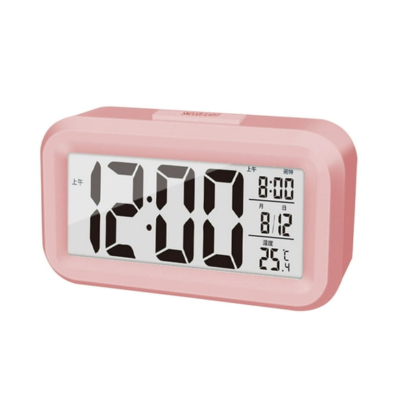 QTBIUQ 4.3 Inch LED Display Digital Alarm Clock with Temperature Larger Lound Light Control Portable Snooze Calendar Brightness With Battery Powered Alarm Clock Pink