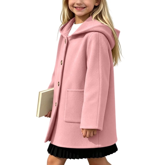 QTBIUQ Boys Girls Medium Long Tweed Coat with Pockets Single Breasted Hooded Outerwear for Fall Winter Wear