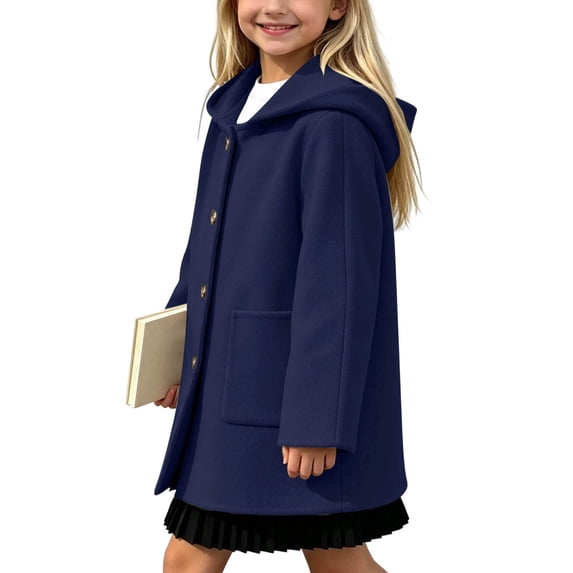 QTBIUQ Boys Girls Medium Long Tweed Coat with Pockets Single Breasted Hooded Outerwear for Fall Winter Wear