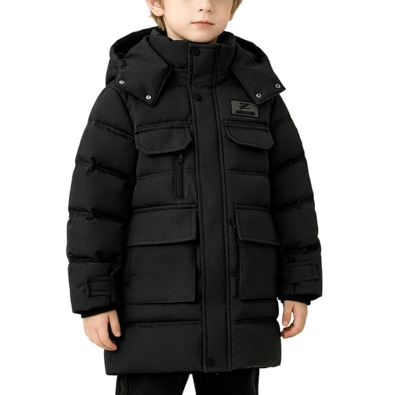 QTBIUQ Boys Padded Coat with Pockets Hooded Zip Quilted Mid-Length Parka Warm Winter