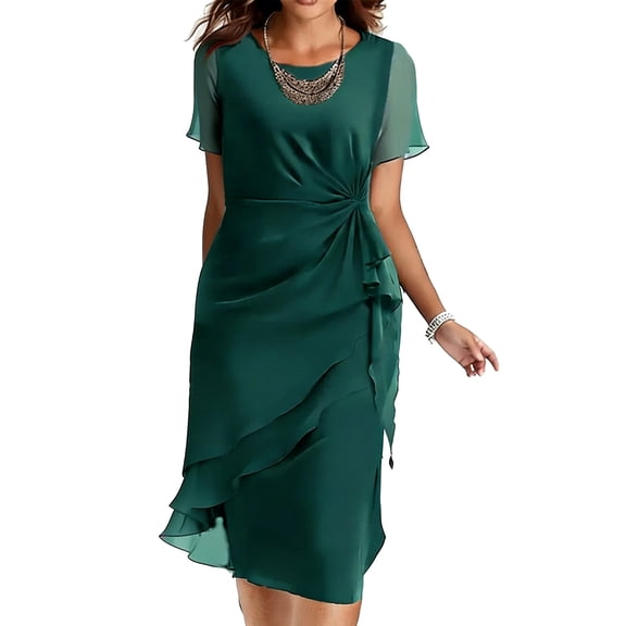 QTBIUQ Chiffon Midi Dress Women Short Sleeve Ruffle Dress Ruched Waist Sheer Sleeve Cocktail Dress Flowy Party Dress Wedding Elegant Evening Dress