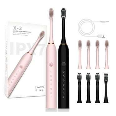 QTBIUQ Couple Toothbrush 2pc Electric Toothbrush + 8 Brush Heads - 6-speed USB Charging Electric Toothbrush - Fully Automatic Charging Sound Wave Soft Bristle Brush Black,Pink