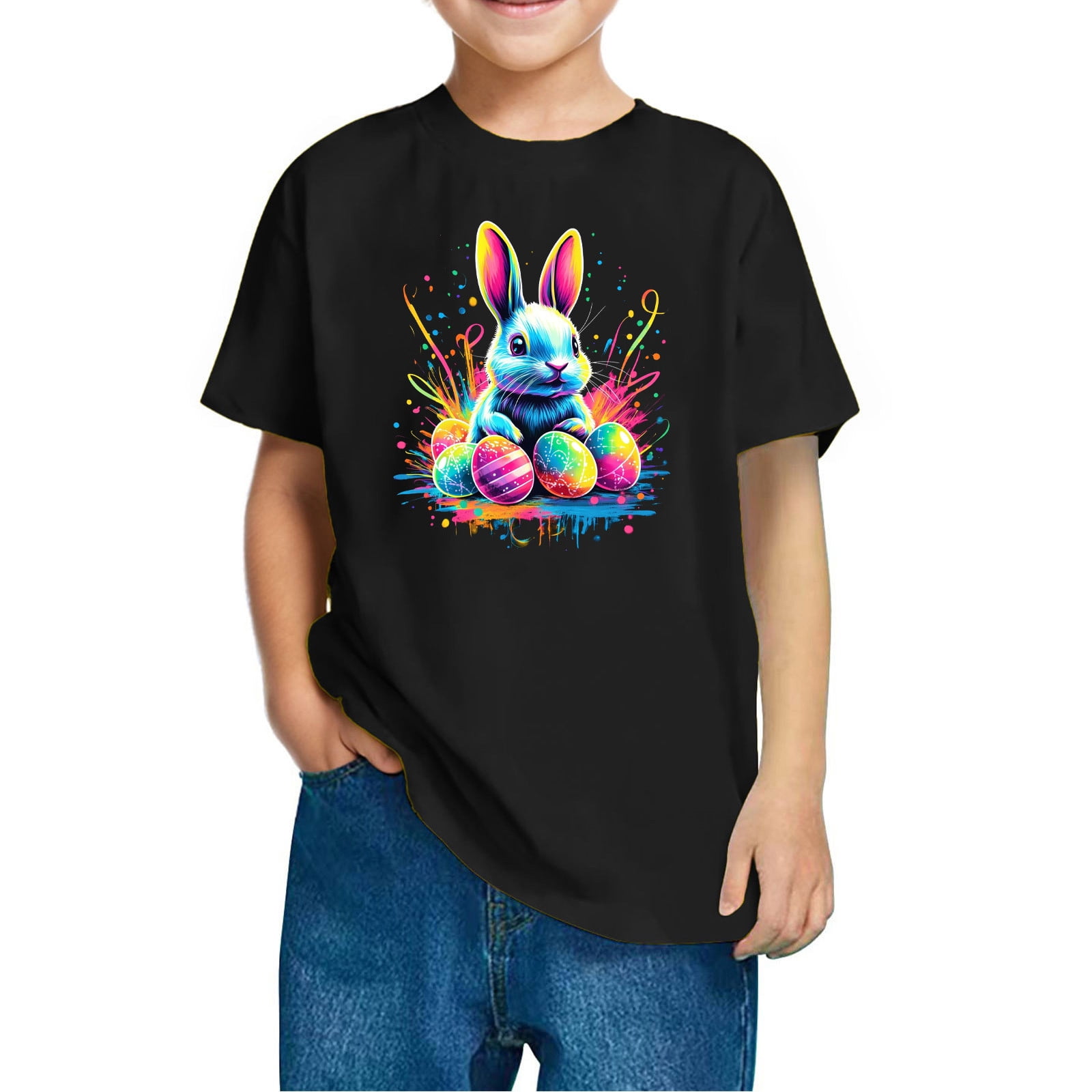 QTBIUQ ‌Easter Bunny Graphic Tee for Kids Toddler Boys Girls Easter Eggs Cute Top Summer Spring Easter T-Shirts for 3-10 Years Old