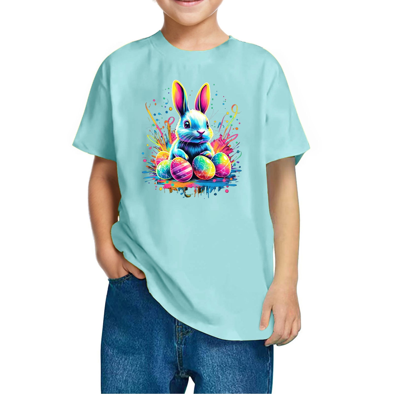 QTBIUQ Easter Bunny Graphic Tee for Kids Toddler Boys Girls Easter Eggs Cute Top Summer Spring Easter T-Shirts for 3-10 Years Old
