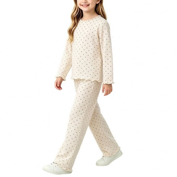 QTBIUQ Girls 2PC Polka Dot Fall Set Ruffle Trim Sweatshirt and Elastic Waist Straight Pants Outfit Set