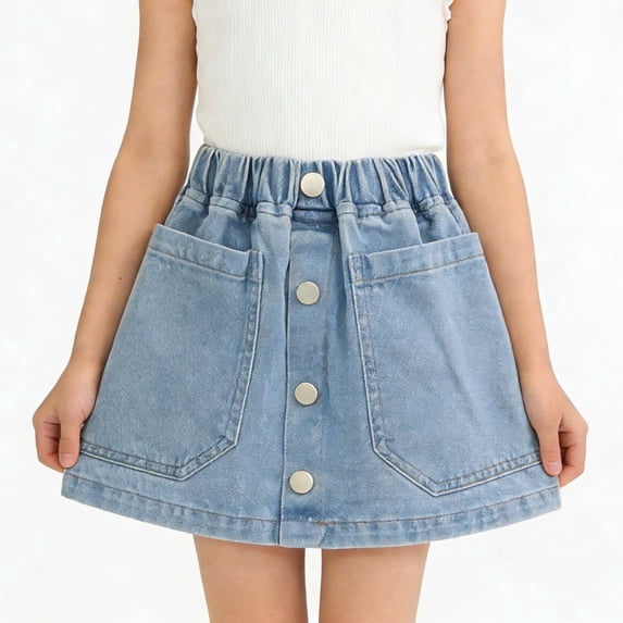 QTBIUQ Girls Denim Skirt with Pocket Casual Elastic Waist Soft Summer Breathable Skirt for Everyday