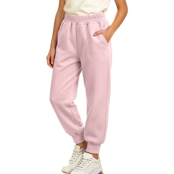 QTBIUQ Girls Jogger Pants Kids Cotton Sweatpants with Side Pockets Elastic Waist Solid Color Winter Pants