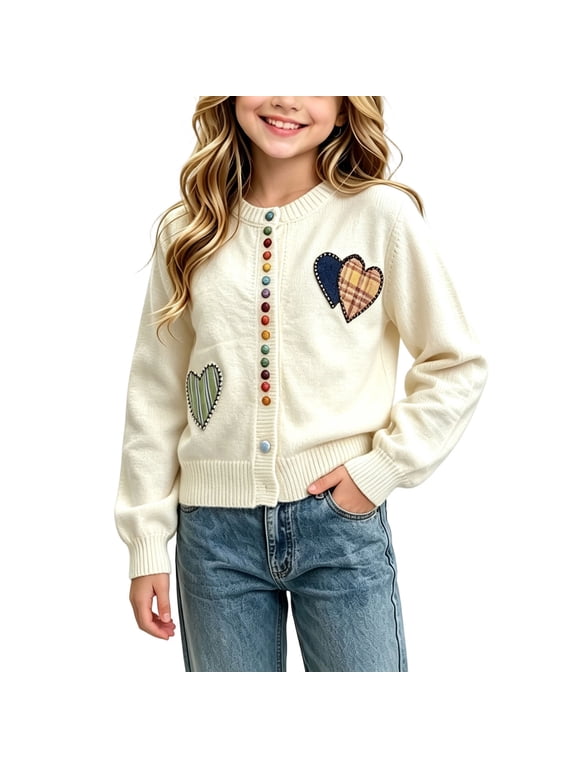Girls Knit Cardigan Heart Patch Long Sleeve Colorful Button Down Crew Neck Fall Winter Sweater Coat