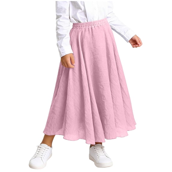 QTBIUQ Girls Long Skirt Ruffle Hem Elastic Waist Flowy Tiered Skirt Casual Layered Linen-Cotton Breathable Long Skirt