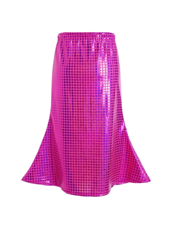 Girls Metallic Skirt Performance A-Line Midi Skort Stretchy Activewear Elastic Flared Dancing Mermaid Skirt