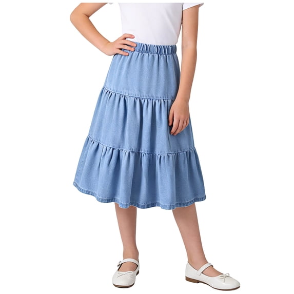 QTBIUQ Girls Midi Denim Skirt Elastic Waist Tiered Ruffle Skirt Casual Fashion Summer Skirt