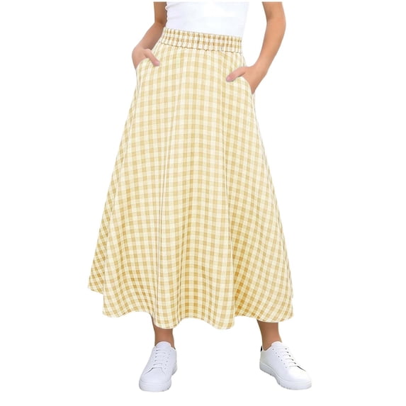 QTBIUQ Girls Plaid Maxi Skirt Elastic Waist Skirt with Pockets Casual Comfortable Long Skirt
