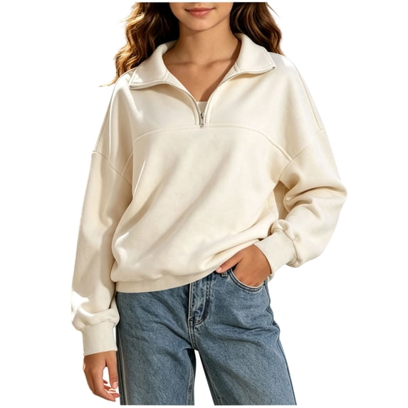 QTBIUQ Girls Quarter Zip Sweatshirt Loose Turndown Collar Drop Shoulder Solid Color Warm Winter Pullover